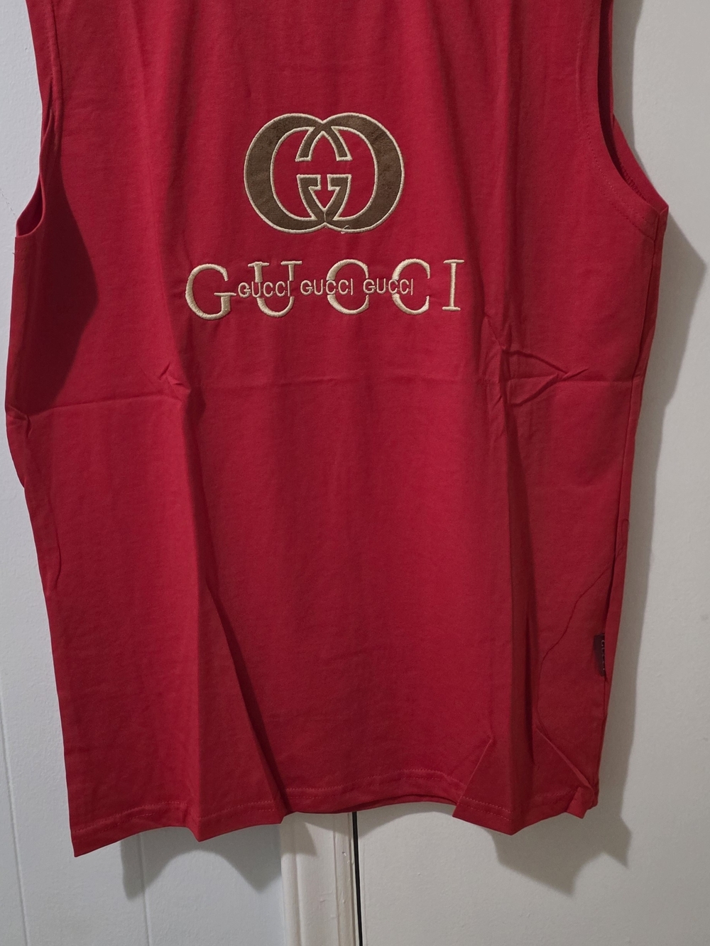Gucci Red Sleeveless Logo Tank with Gold Embroidery